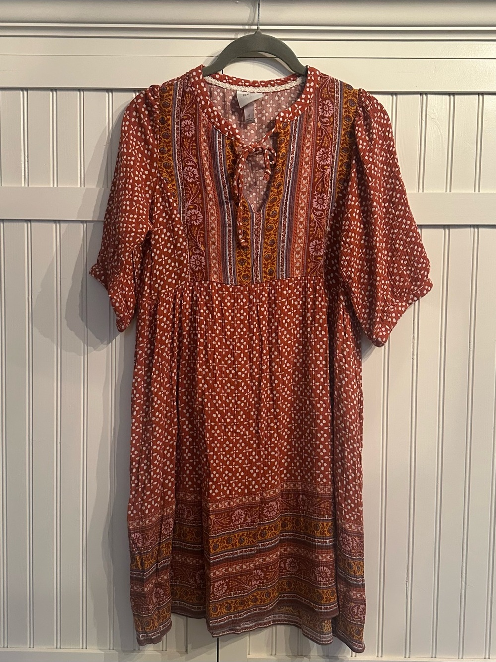 Knox Rose Rust and White Dot Tie-Neck Midi Dress with Pockets Size Small